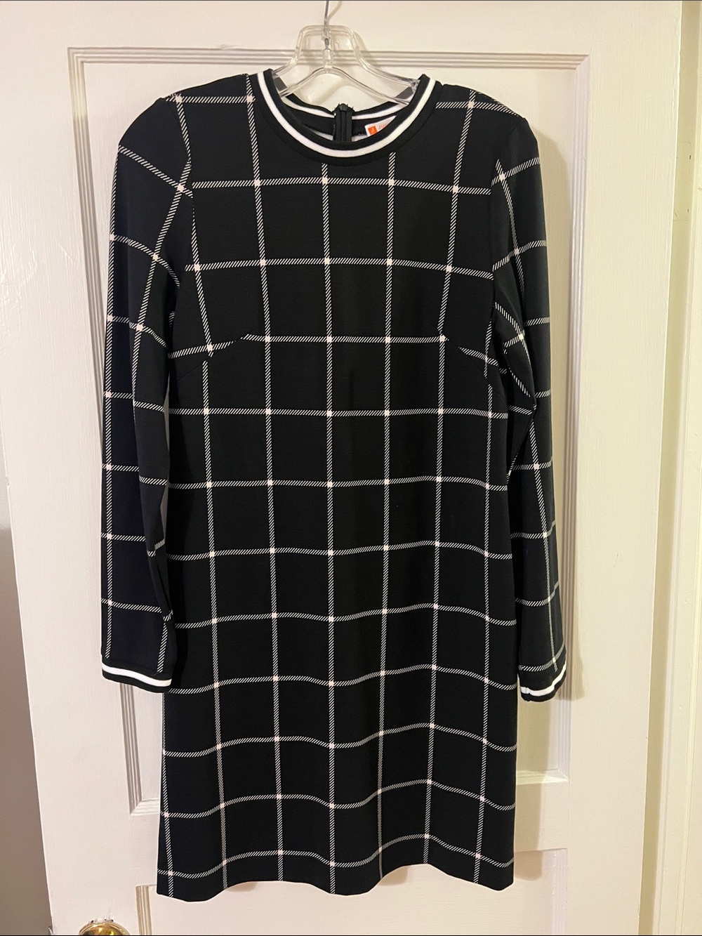 Jude Connally Black and White Windowpane Long Sleeve Shift Dress